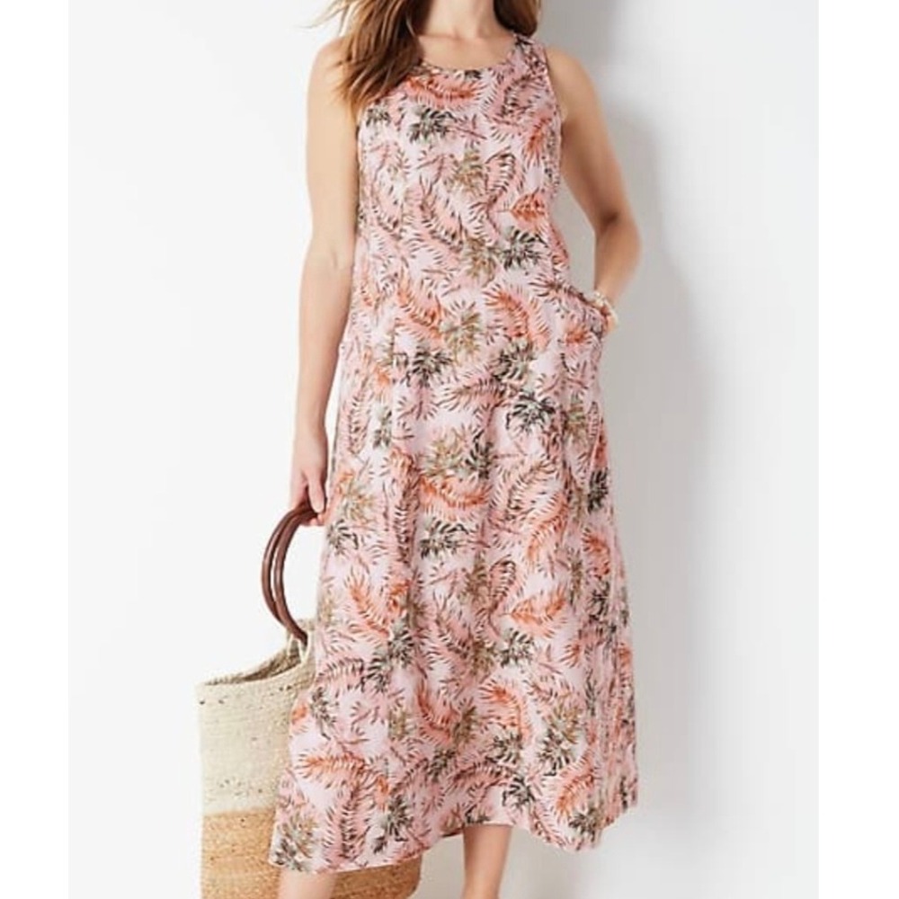J. Jill Love Linen Tropical Palm Print Maxi Dress Pink‎ Tan Green Small Petite